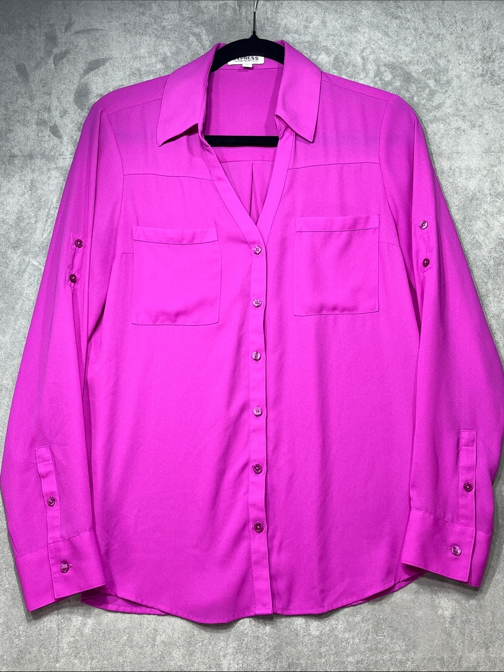 Express Portofino Shirt Medium Magenta Pink Roll Tab Button Front Blouse
